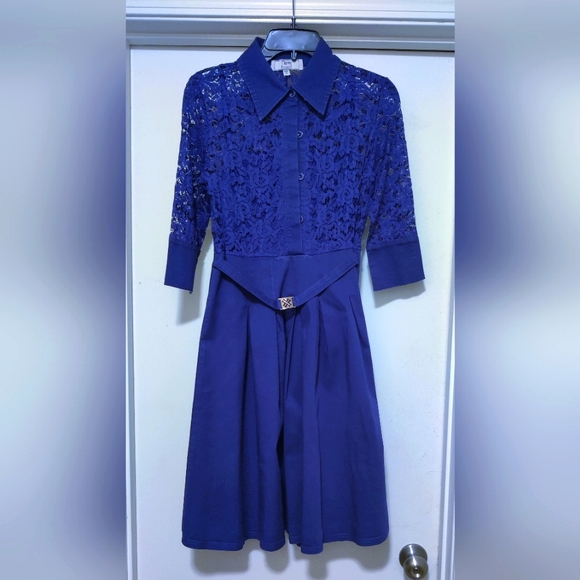 Blue 3/4 Sleeve Flare Vintage Midi Lace Dress - Picture 1 of 5
